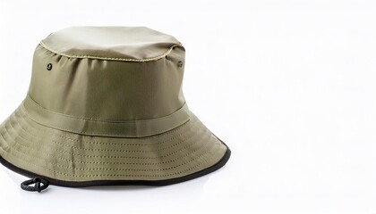 Fototapeta premium Khaki olive green bucket, fisherman, Irish country or session hat is a hat with a narrow, downward sloping brim made from heavy duty cotton fabric such as denim or canvas. Isolated on white background