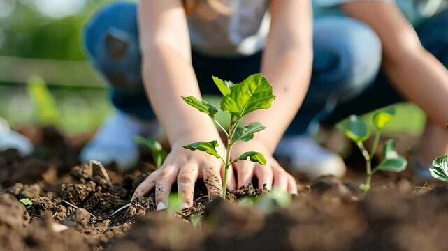 children planting a young tree in fertile soil, promoting environmental awareness and love for nature. - Powered by Adobe