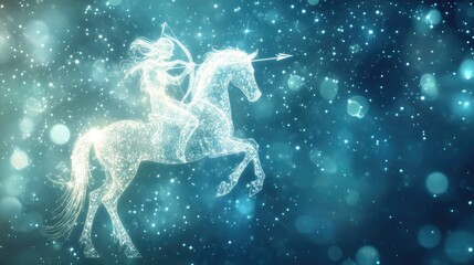 Sagittarius symbol: a white centaur with a bow on a misty backdrop filled with sparkling stars and cosmic energy.