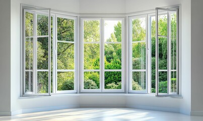 Fototapeta premium Bright room, bay window, leafy green view.