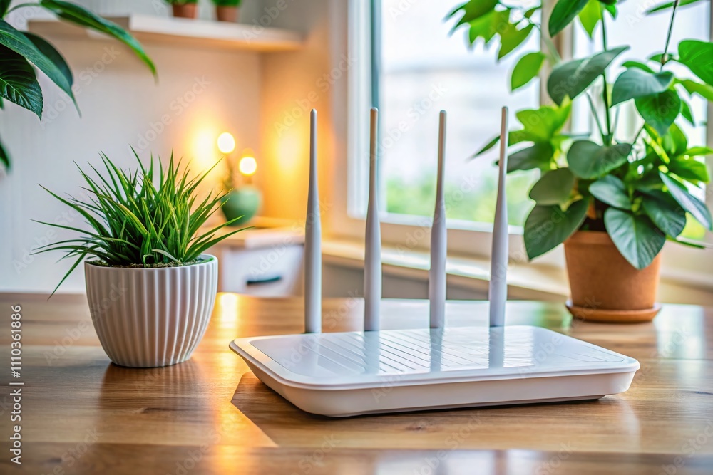 Poster modern wi-fi router on a light table in a contemporary office or home setting, top view with minimal