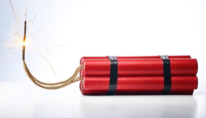 Dynamite is an explosive made of nitroglycerin, sorbents such as powdered shells or clay, and stabilizers in long red form of cardboard cylinders. Isolated on white background with copy space
