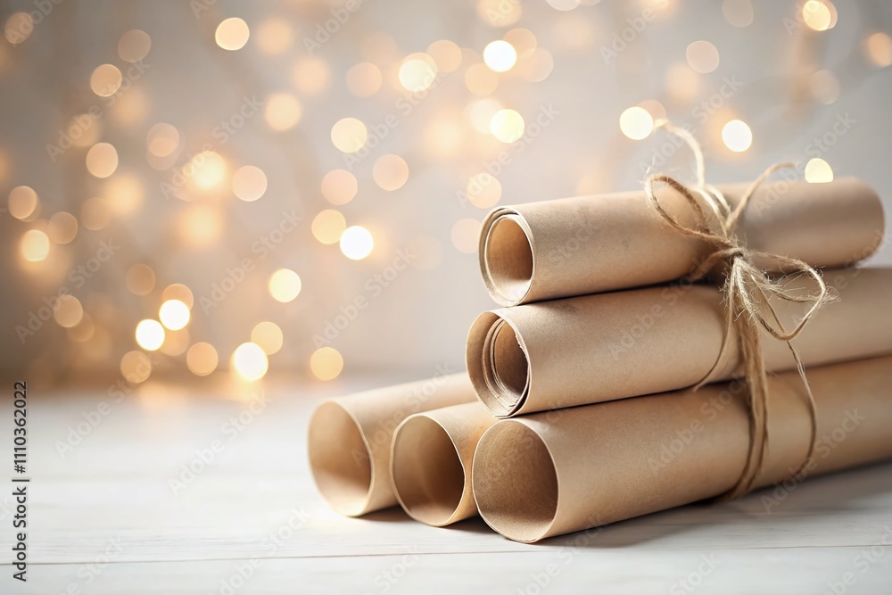 Aufkleber monochrome design mockup featuring kraft paper rolls artfully arranged on a white background with bo