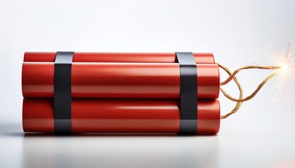 Dynamite is an explosive made of nitroglycerin, sorbents such as powdered shells or clay, and stabilizers in long red form of cardboard cylinders. Isolated on white background with copy space