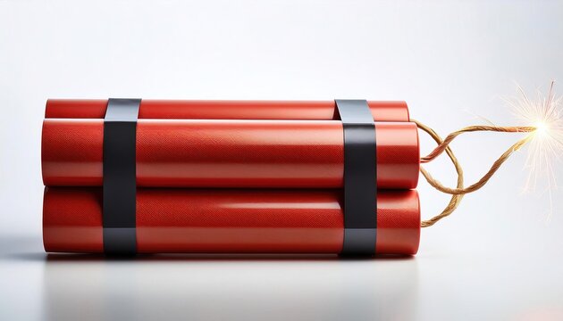Dynamite is an explosive made of nitroglycerin, sorbents such as powdered shells or clay, and stabilizers in long red form of cardboard cylinders. Isolated on white background with copy space