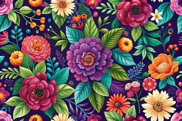 Multicolor Floral Motif with Lush Green and Purple Leaves Perfect for Backgrounds and Textiles Featuring Ample Copy Space in Right Position for Creative Designs