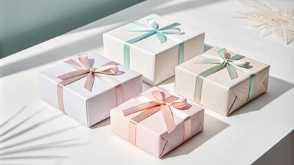 Obraz premium Minimalist gift boxes with pastel ribbons for e-commerce