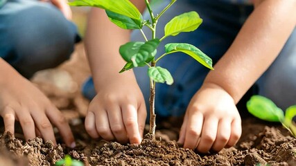 children planting a young tree in fertile soil, promoting environmental awareness and love for nature.