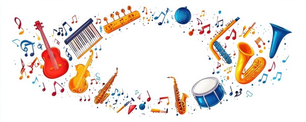 Colorful arrangement of musical instruments and notes in a creative layout