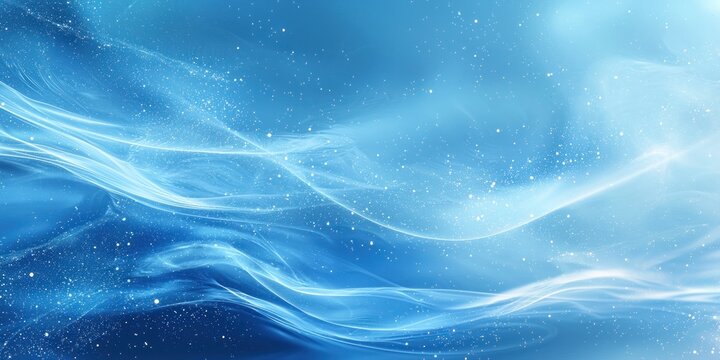 A wintery blue abstract background with flowing snow, shimmering ice crystals, and a peaceful, serene atmosphere.