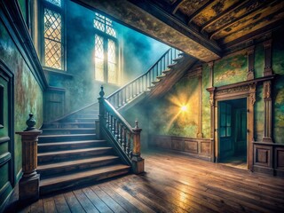 Fototapeta premium Mystical Atmosphere in a Dimly Lit, Misty Interior of an Abandoned House Featuring Wooden Flooring and a Worn Staircase Evoking a Sense of Mystery and Nostalgia