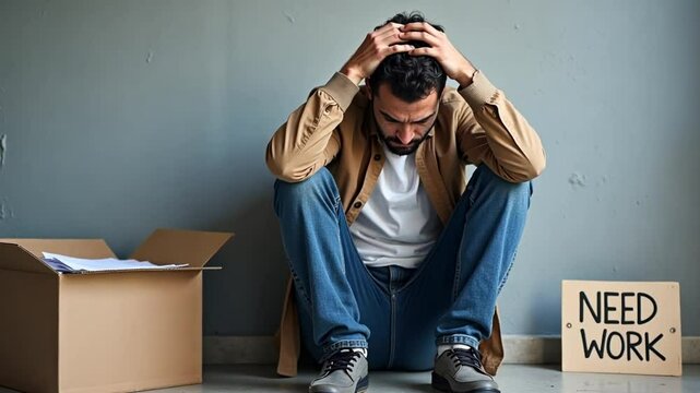a man sitting listlessly with &ldquo;need work&rdquo; written next to him