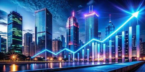 Neon Financial Graph Illustrating a Dynamic Upward Trend in a Modern Urban Environment, Capturing the Intersection of Technology and Finance with a Vivid Color Palette