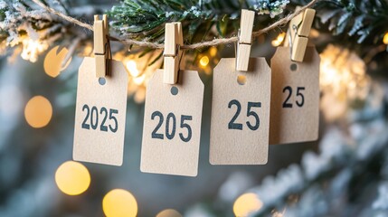 Close-up of kraft paper tags with numbers 2025, 205, 25 hanging on a Christmas tree branch.