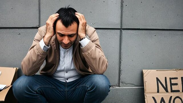 a man sitting listlessly with &ldquo;need work&rdquo; written next to him