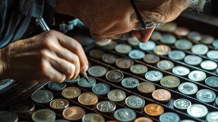 Fototapeta premium A collector carefully examining and sorting through a vintage coin collection