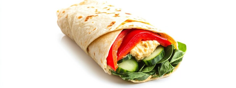 A colorful Greek vegetable wrap with roasted red peppers, hummus, cucumbers