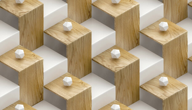 3D geometric pattern featuring wooden and white stairs