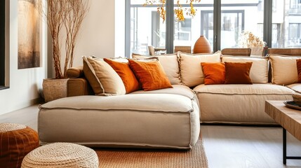 Fototapeta premium Stylish urban living room with earthy tones, a beige sofa, orange cushions, and soft natural light