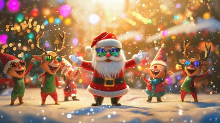 A whimsical holiday background with a dancing Santa, reindeer in sunglasses, and elves goofing around, filled with bright colors and laughter.