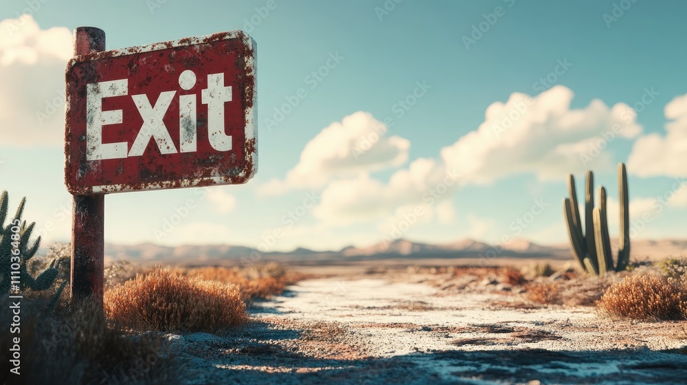 Poster surreal desert scene featuring an exit gate with the word 