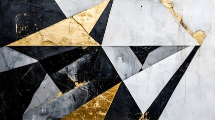 Abstract Geometric Design with Gold, Black, and White Shapes