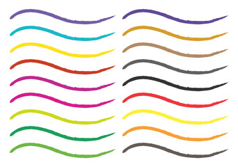 Hoja de iconos con trazo de pincel o lápiz de color morado, azul, verde, negro, naranja, amarillo, rojo