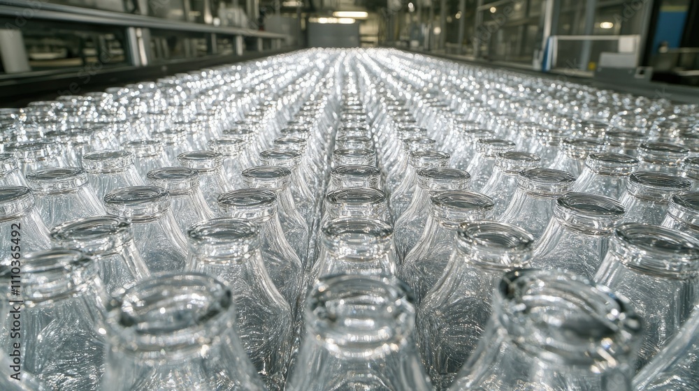 Poster the repetitive pattern of clear bottles on a production line, with gleaming surfaces and precise ali