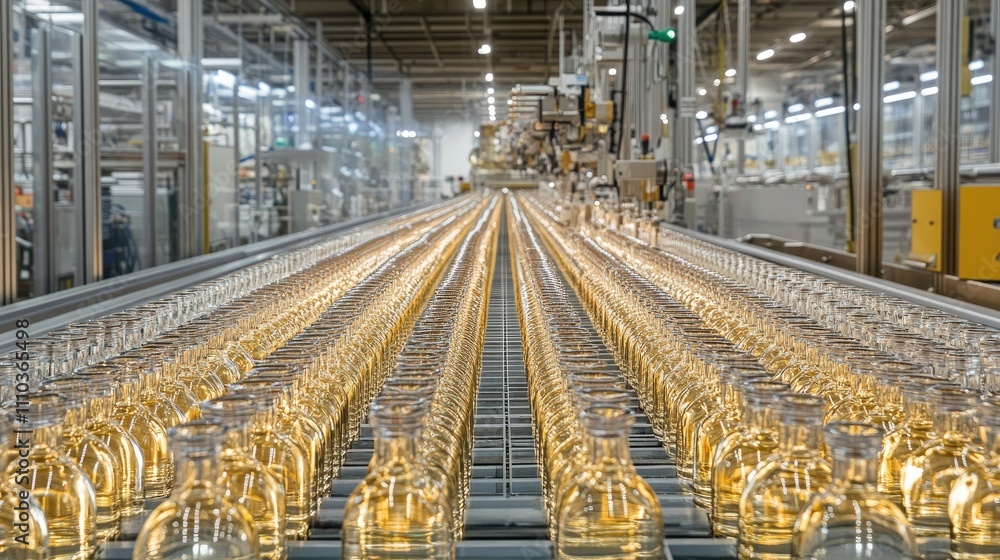 Poster the repetitive pattern of clear bottles on a production line, with gleaming surfaces and precise ali