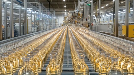 The repetitive pattern of clear bottles on a production line, with gleaming surfaces and precise alignment