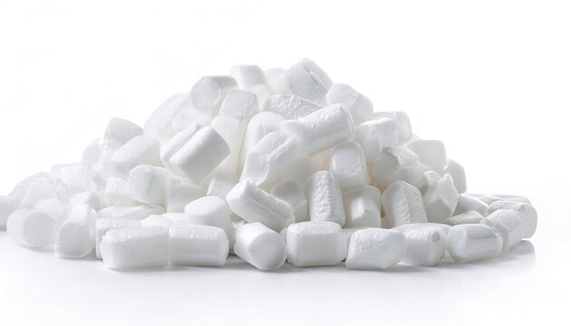 Styro foam popcorn, packing peanuts, or packing noodles, are a loose fill packaging and cushioning material used to prevent damage to fragile objects during shipping. Isolated on white background