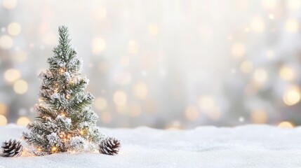 Obraz premium Snowy Christmas Tree with Lights Pinecones Winter Holiday Background