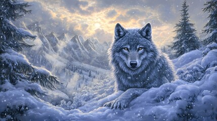 Fototapeta premium Majestic Wolf in a Snowy Mountain Landscape