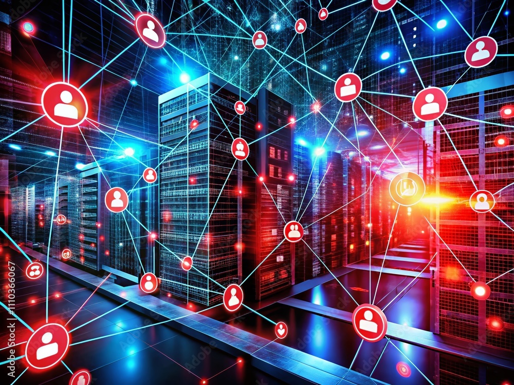 Poster night photography of internet network systems with big data analysis and protection symbols in trend