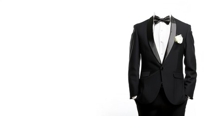 Black tie tuxedo or tux is a semi formal Western dress code for evening events, originating in British and North American conventions for attire. Isolated on white background with copy space