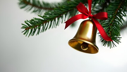 A golden bell ornament with a red ribbon on a green pine branch against a white background.