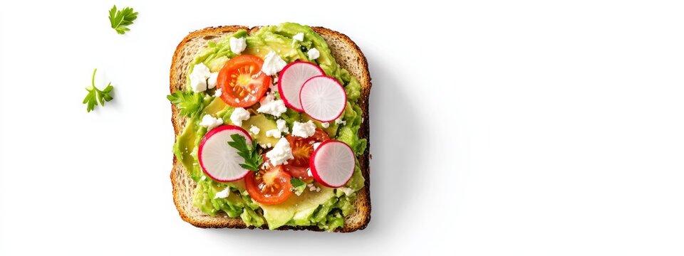 A creamy avocado toast topped with sliced radishes, cherry tomatoes, and a sprinkle of feta cheese