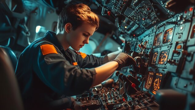 The engineer is repairing the aircraft in an airbase.