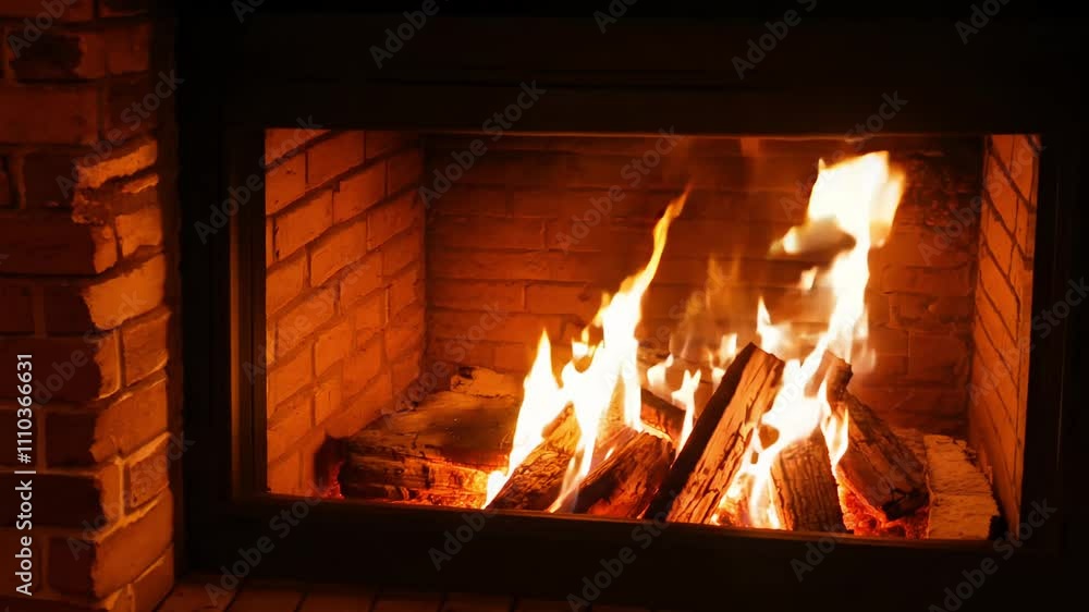 Poster static video of a fireplace with flickering light, creating an establishing scene.