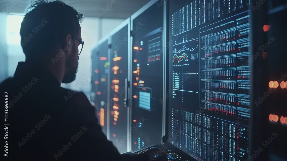 Poster it technician analyzing data in a server room high-tech environment cinematic view gigapixel quality
