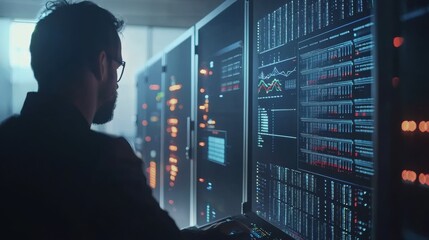 It technician analyzing data in a server room high-tech environment cinematic view gigapixel quality