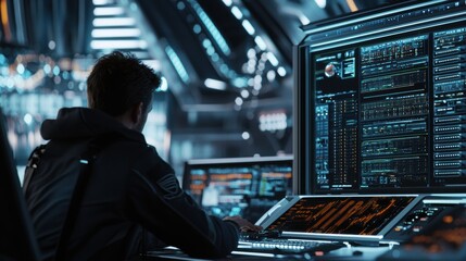 It technician managing high-tech server room operations futuristic environment gigapixel fidelity viewpoint for enhanced workflow