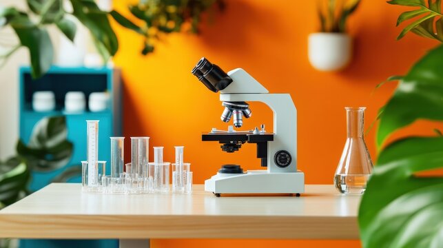  laboratory table with a microscope on a wooden table