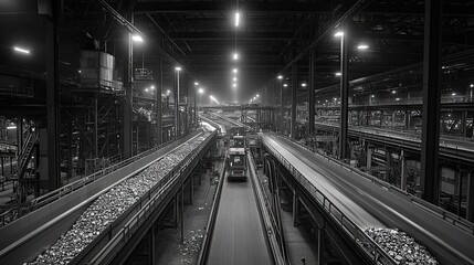 A recycling plant with rows of conveyor belts sorting various materials. -