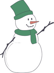 Cheerful Snowman with Green Hat and Scarf Illustration for Winter and Holiday Themes