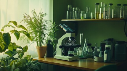  laboratory table with a microscope on a wooden table