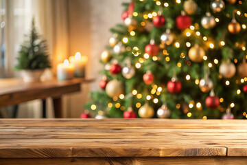 Rustic wooden table in front of a blurred Christmas tree and candles.