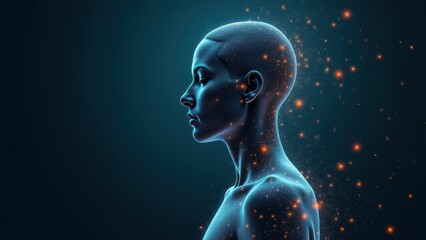 
A futuristic glowing humanoid with a digital and cosmic aesthetic, featuring intricate light patterns and technological details