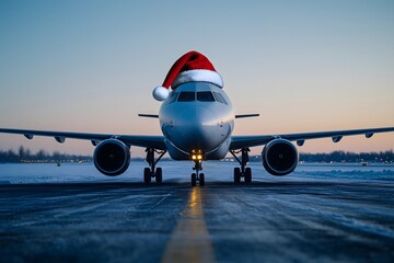 Photo of an airplane with a santa hat on the airport.