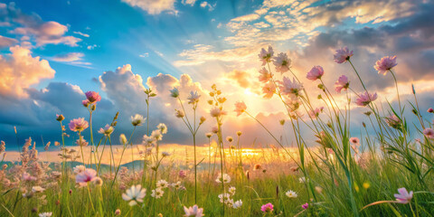 Delicate wildflowers bloom in vibrant field under stunning sunset, creating serene and picturesque landscape. soft colors and gentle light evoke sense of peace and beauty